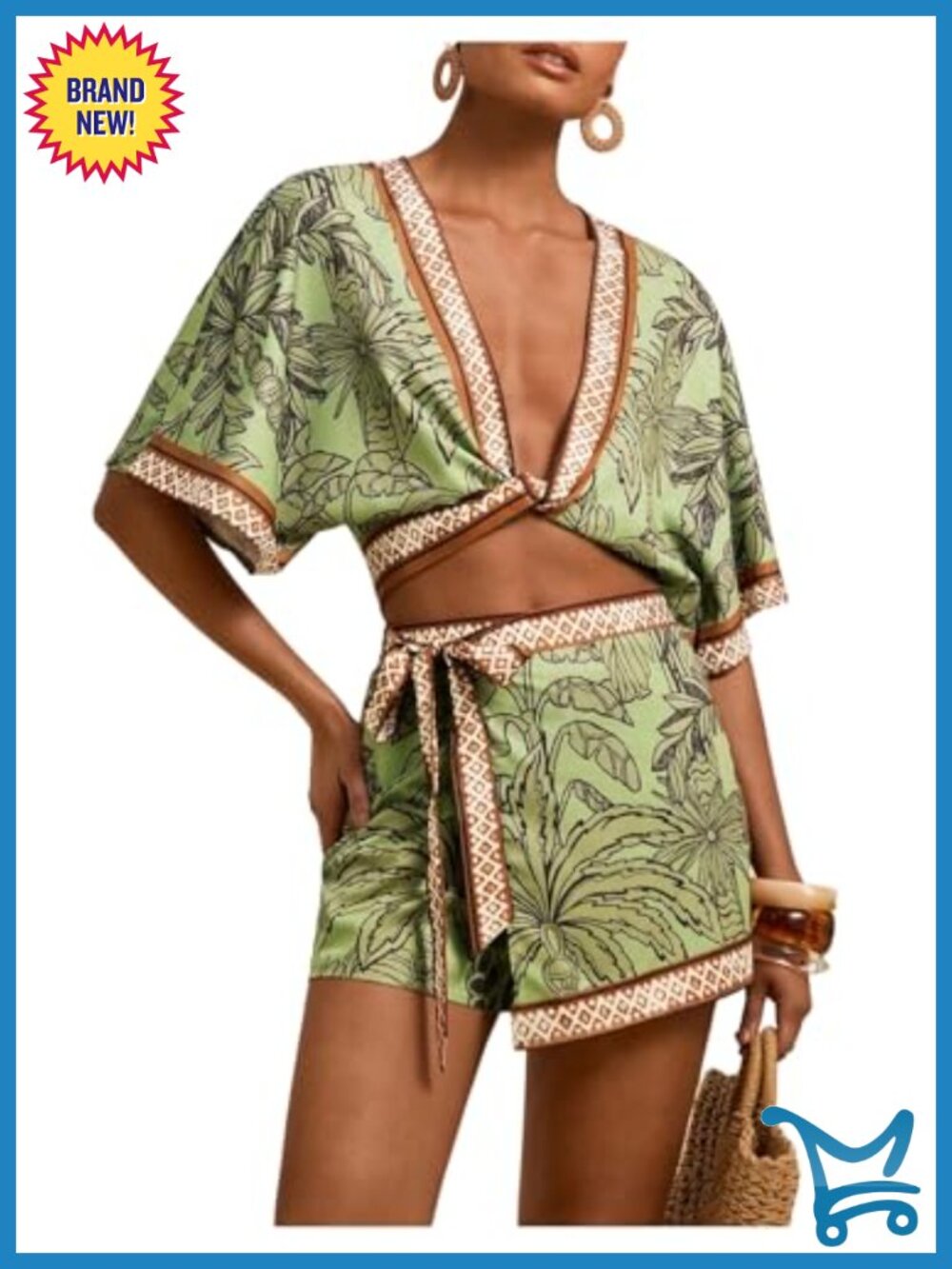 Women's 2 Piece Skirt Set - Tropical Half Sleeve Top & Wrap Skirt - Vacation